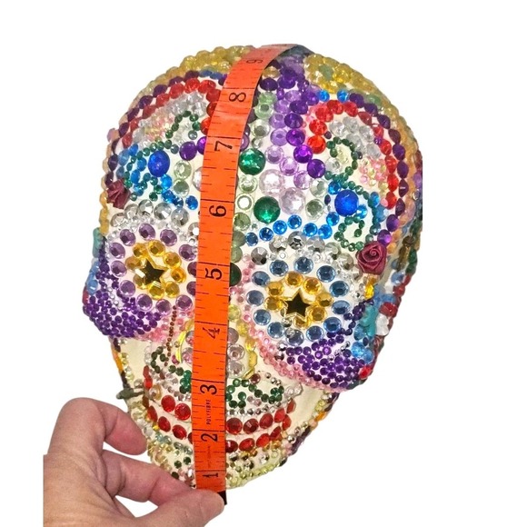 Day Of The Dead Rainbow Rhinestones 3D Fullsize Bling Ceramic Skull Handcrafted - Picture 11 of 13